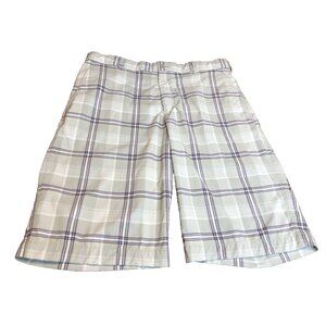 Nike Golf Dri-Fit Shorts Mens 34 Flat Front Gray/Purple/White Plaid Preppy Beach